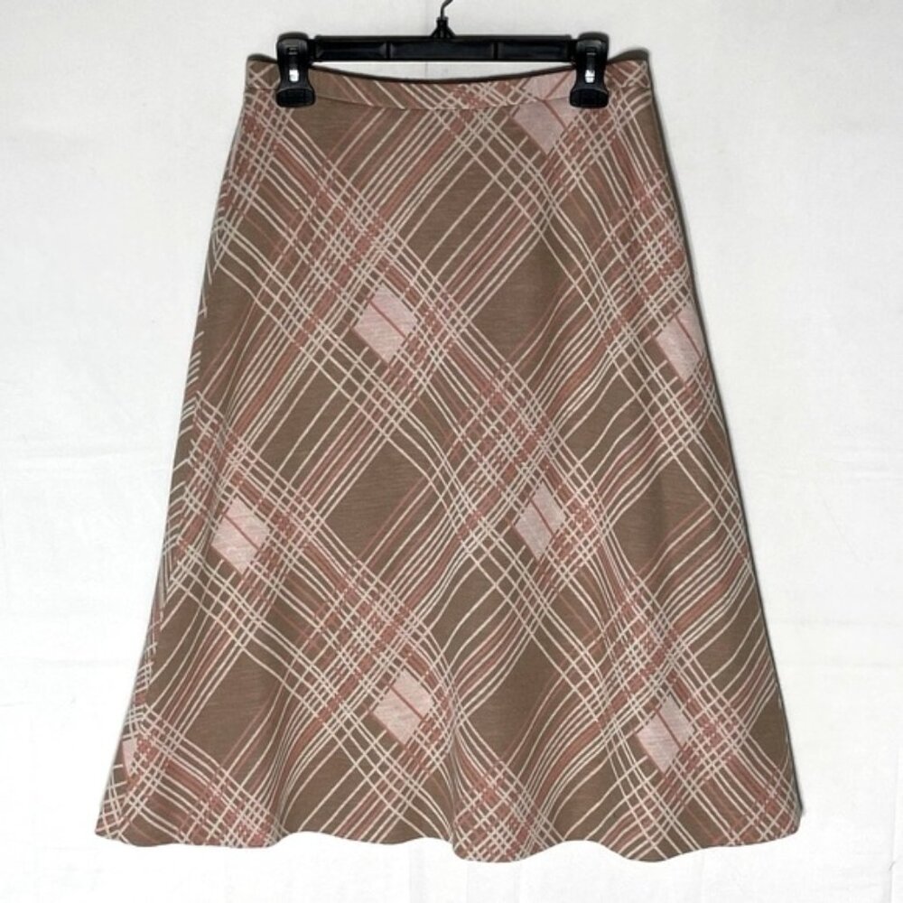 SOLD-Vintage Lucia Light Brown Pink Plaid Wool Blend Midi Skirt M